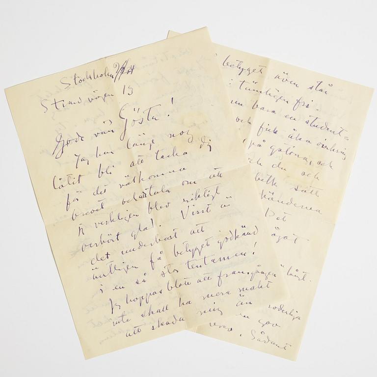LETTER from Carl Kylberg to GAN (Gösta Adrian-Nilsson). Dated "Stockholm 2/2/(19)34. Strandvägen 13".
