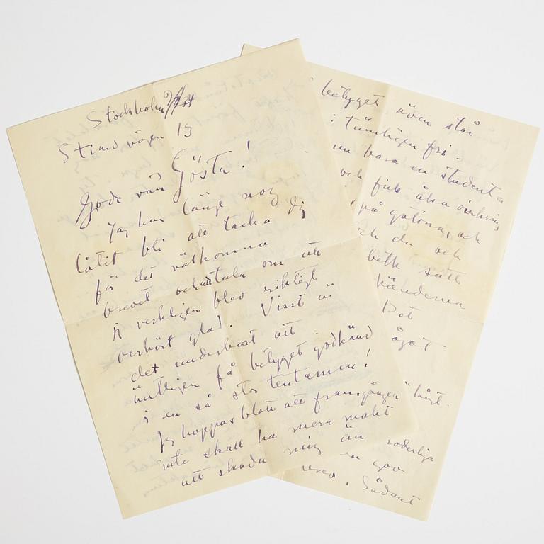 LETTER from Carl Kylberg to GAN (Gösta Adrian-Nilsson). Dated "Stockholm 2/2/(19)34. Strandvägen 13".