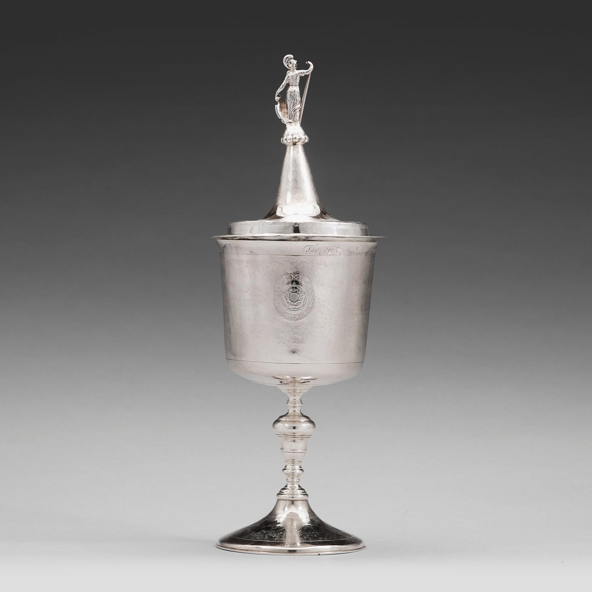 An English 17th century silver cup and cover, makers mark IM, London 1685.