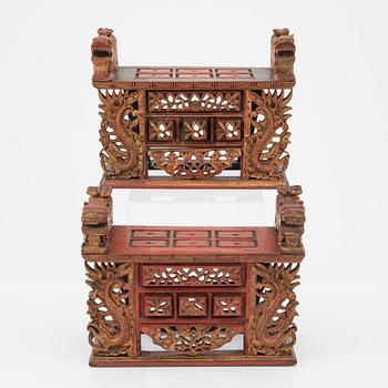 Two red lacquer and gilded altar tables, Indonesia, Jakarta, 20th Century.