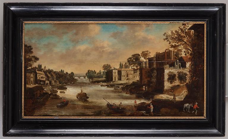 Unknown artist 17/18th Century. River landscape with buildings along the beaches.