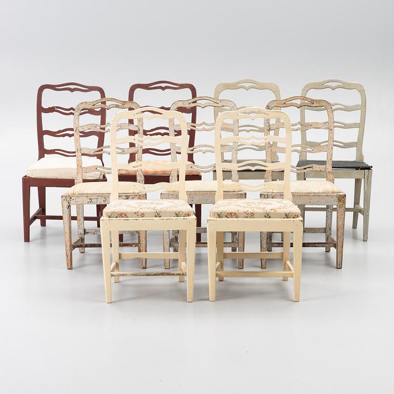 Nine chairs, so-called laughing chairs, 17th and 18th Century.