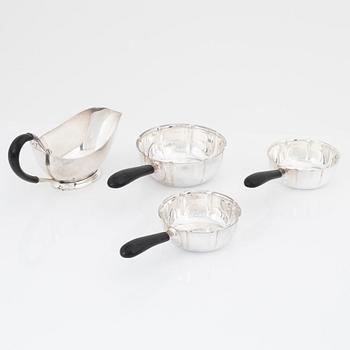 A Danish Silver Sauce Boat, and three silver plated serving dishes, Cohr.