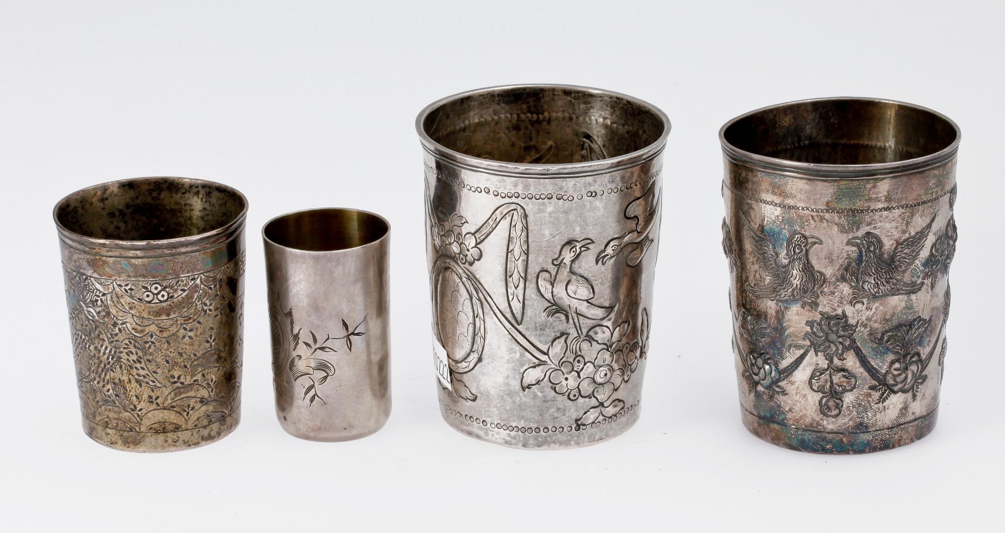 BÄGARE, 4st, silver. Ryssland, 1700 och 1800-tal.