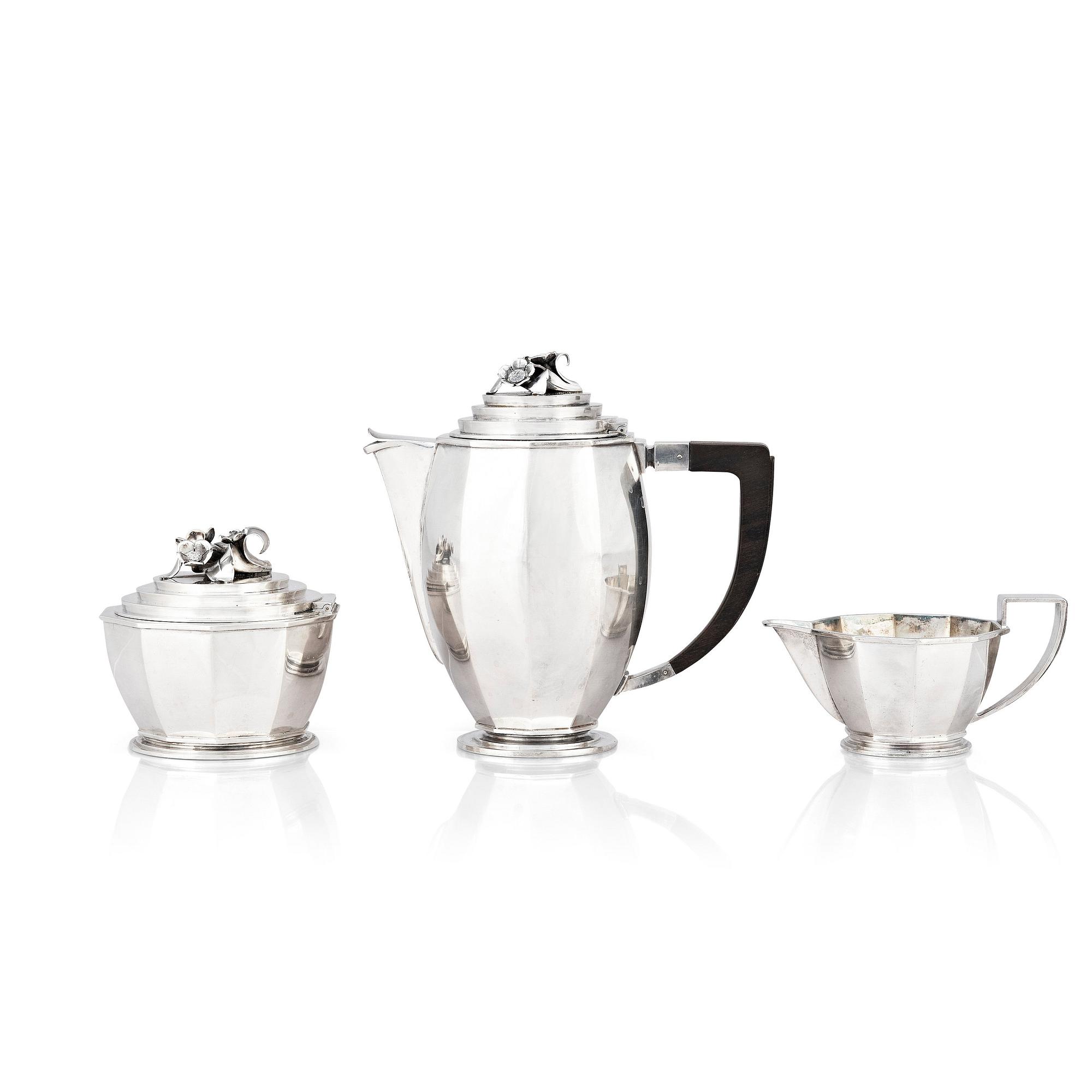 Atelier Borgila, kaffeservis, tre delar, Stockholm, 1947, gesällprov av K-E Löfman, sterling silver.