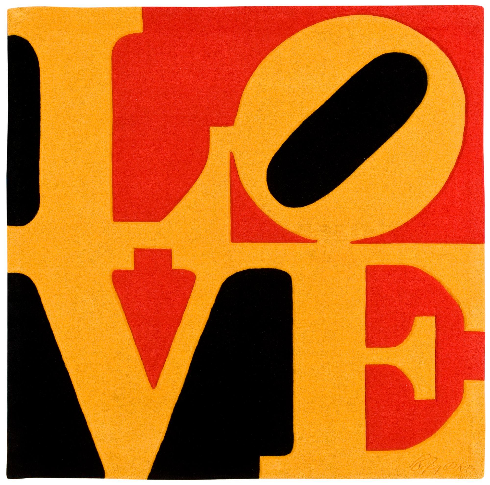 Robert Indiana, Signed R Indiana and numbered 139/300 on label verso and signed R Indiana in the carpet. Hand tufted carpet 183 x 183 cm.