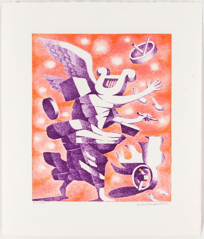 ERIK OLSON, a set of 3 colour lithographs, and a book, signed and numbered.