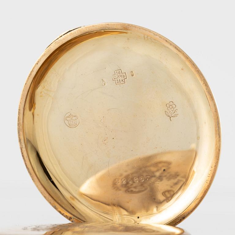 Pocket watch, 14K gold, open face, 57 mm.