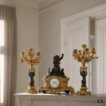 A Rococo style mantle clock and pair of candelabra, France, late 19th Century.