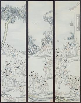Unknown artist, three ink and colour paintings on paper, China, 20th century.