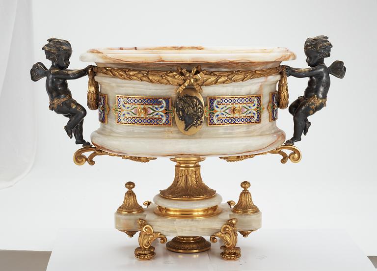 A French 1860/70's gilt and silvered bronze enamel onyx jardinière signed "Eug. CORNU PARIS".