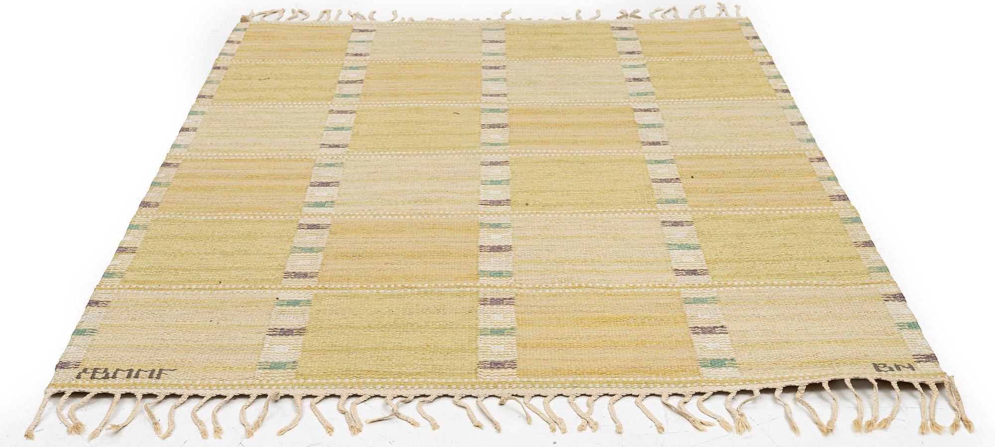 Barbro Nilsson, a 'Falurutan, gul' carpet, flat weave, c. 172 x 118 cm signed AB MMF BN.