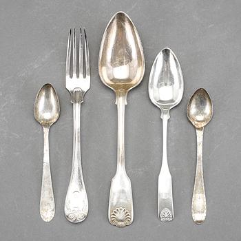 PARTI BESTICK, 15 delar, 1800-tal, silver. Bl a Gustaf Möllenborg och Christian Hammer, Stockholm 1853. Vikt ca 793 gra.
