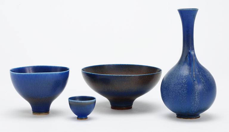 A Berndt Friberg stoneware vase and three bowls, Gustavsberg studio 1940's-50's.