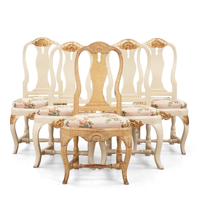 A set of five (3+2) rococo chairs attributed to J. E. Höglander (master in Stockholm 1777-1813).