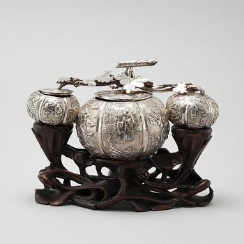 A Chinese silver boxes with covers, early 20th Century.