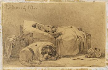396C. Per Wickenberg, Interiör med sovande flicka och hund.
