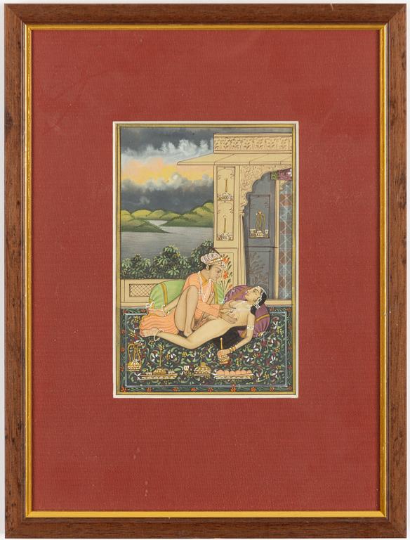 Unidentified artist, Erotic scenes in palace setting, India, 20th century. Three pieces.