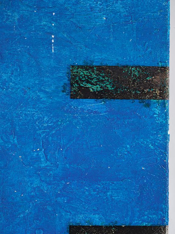Gordon Hart, signed and dated 1984 on verso. Diptych. Gesso, silver leaf and metal leaf on panel.
