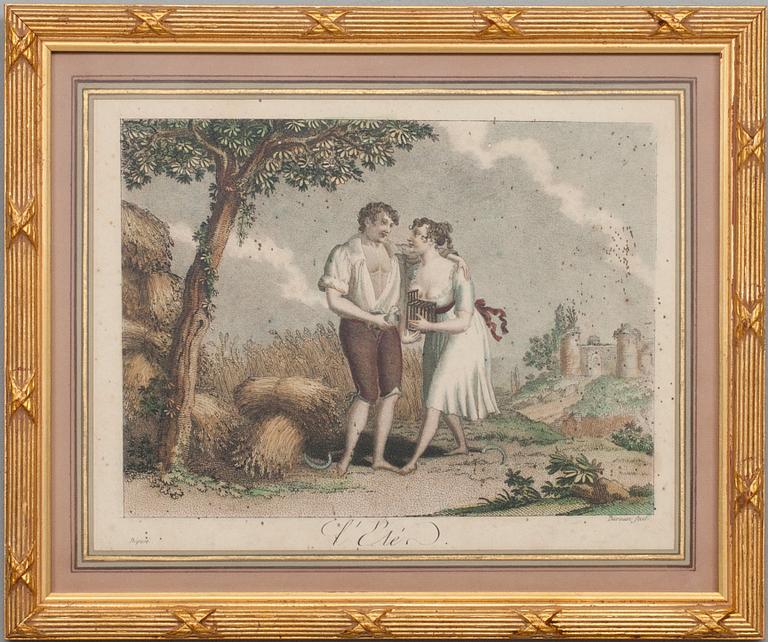 GRAVYRER, 4 st, kolorerade, Frankrike tidigt 1800-tal.