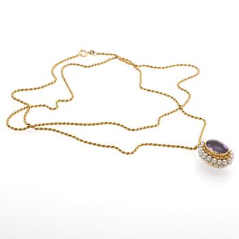 Collier, 18k, hänge med ametist och pärlor, Italien.