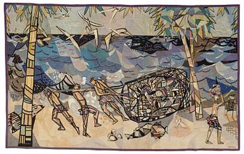 Lars Gynning, A TAPESTRY, "Les Pêcheurs de Puerto Rico", tapestry weave, ca 147,5-148,5 x 239 cm, signed PF Gynning.