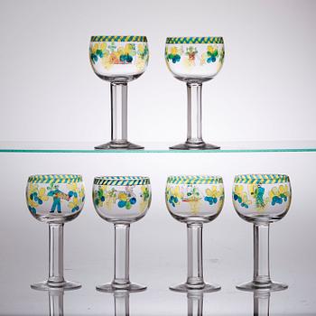 A set of six Gunnar Cyrén enameled glass goblets, Orrefors 1968.