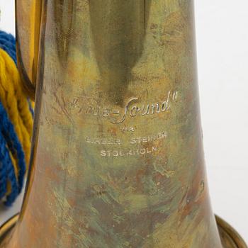 Two military brass signal horns, one marked 'True Sound' Birger Steiner Stockholm.