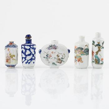 Five porcelain snuffbottles, China, 19th-20th century.