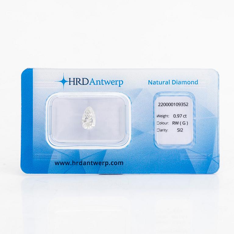 Droppslipad diamant, ca 0.97 ct, förseglad med HRD sertifikat.