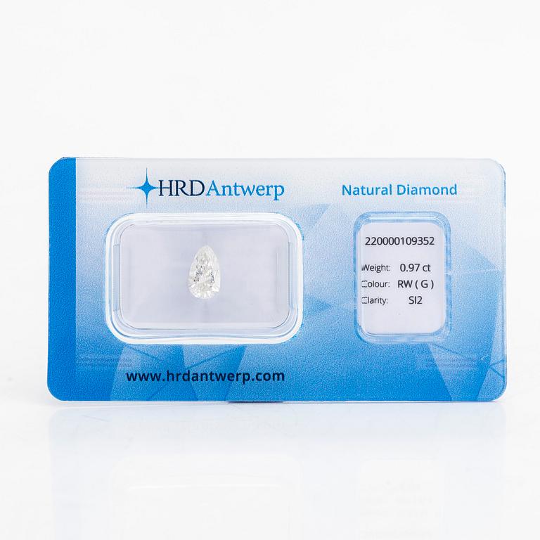 Droppslipad diamant, ca 0.97 ct, förseglad med HRD sertifikat.