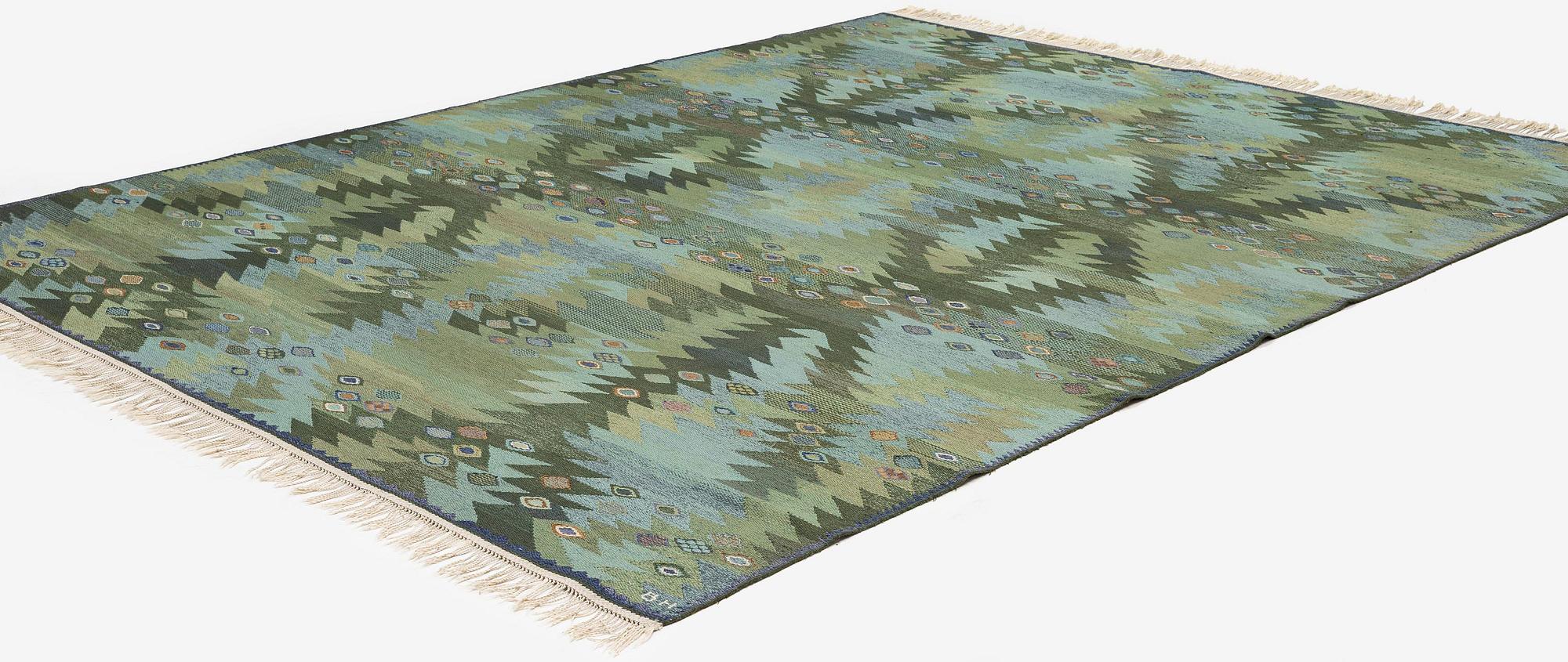Barbro Nilsson, a 'Tånga blå',  tapestry weave carpet, c. 345 x 277 cm, signed AB MMF BN.