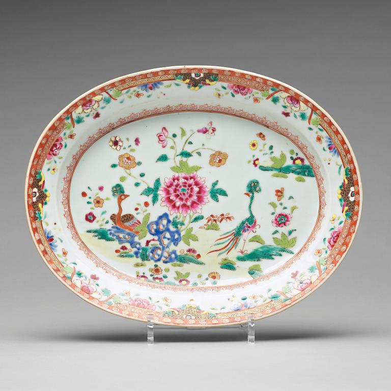 A famille rose 'double peacock' serving dish, Qing dynasty, Qianlong (1736-95).