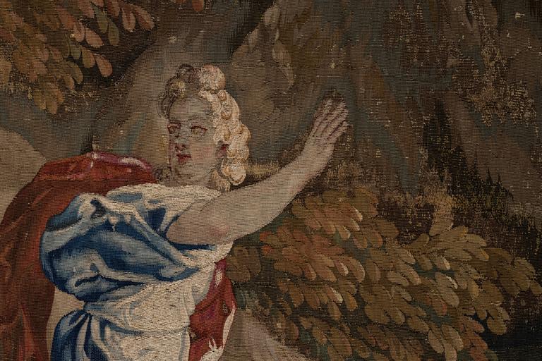 A tapestry, "Blind-man's-buff" tapestry weave, ca 349 x 333 cm, France, around 1700-first half of the 18th century.