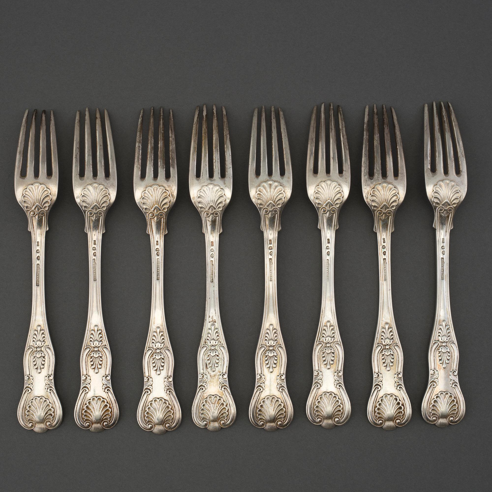 A set of 8 silver forks by Gustaf Möllenborg, Stockholm 1844.
