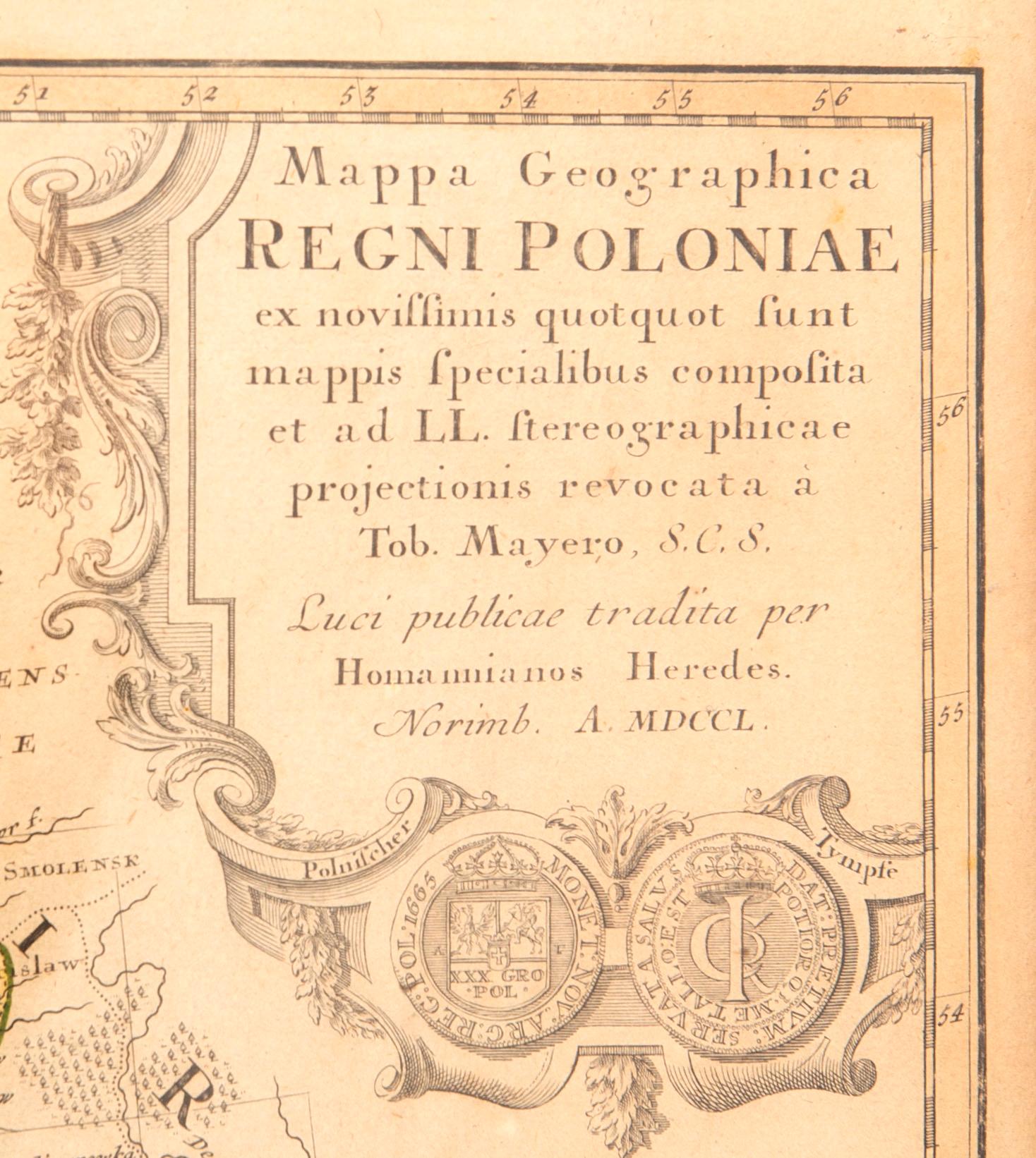 Homanns Erben, map Poland, handcolored copper engraving, Nürnberg 1750.
