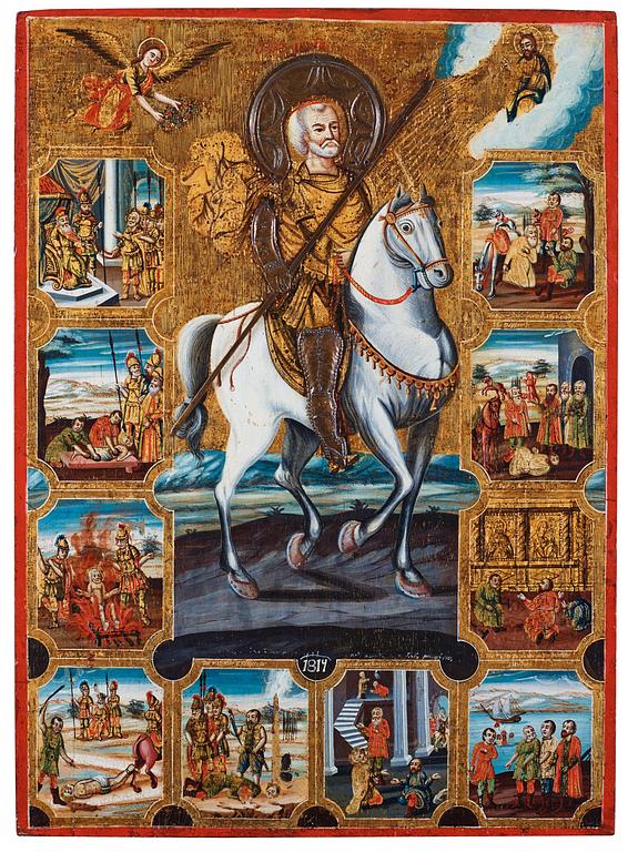 A 19th century Greec icon, St. Mina, with date1814.
