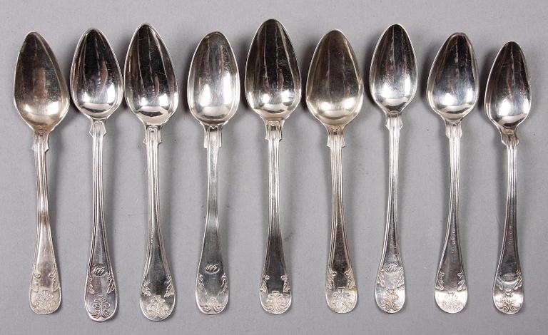 TESKEDAR, 16 st, silver, "Gammal fransk", flertal mästare, bla Frans Oscar Ahlström, Södertälje 1855.