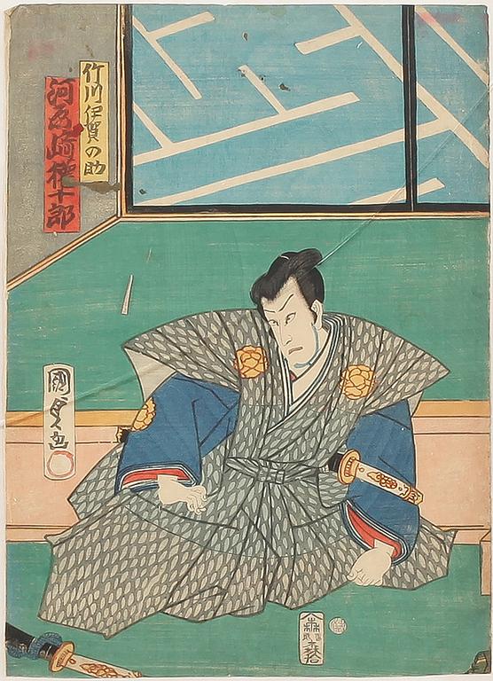 UTAGAWA KUNISADA KOCHORO TOYOKUNI III, träsnitt, 2 st, Japan, 1800-tal.