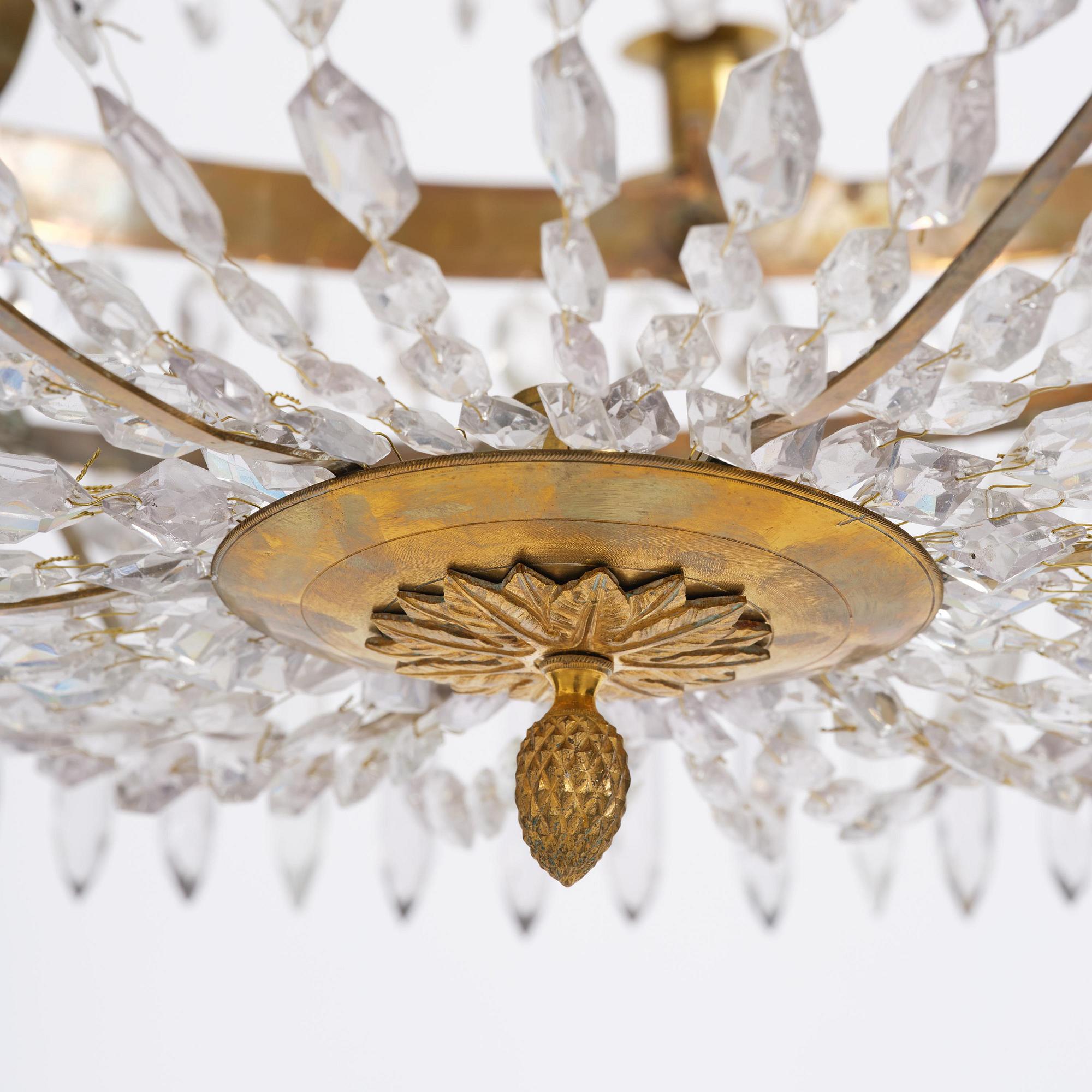 A late Gustavian thirteen-light gilt brass and cut glass chandelier, Stockholm, late 18th century.