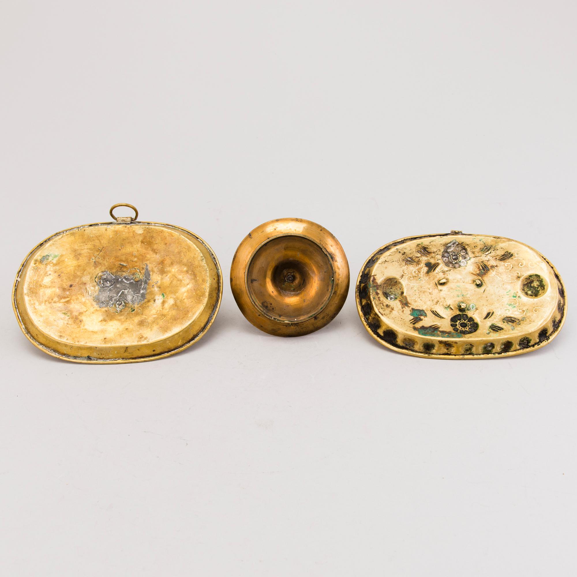CANDLESTICKS, 5 pieces, brass, 19th century.