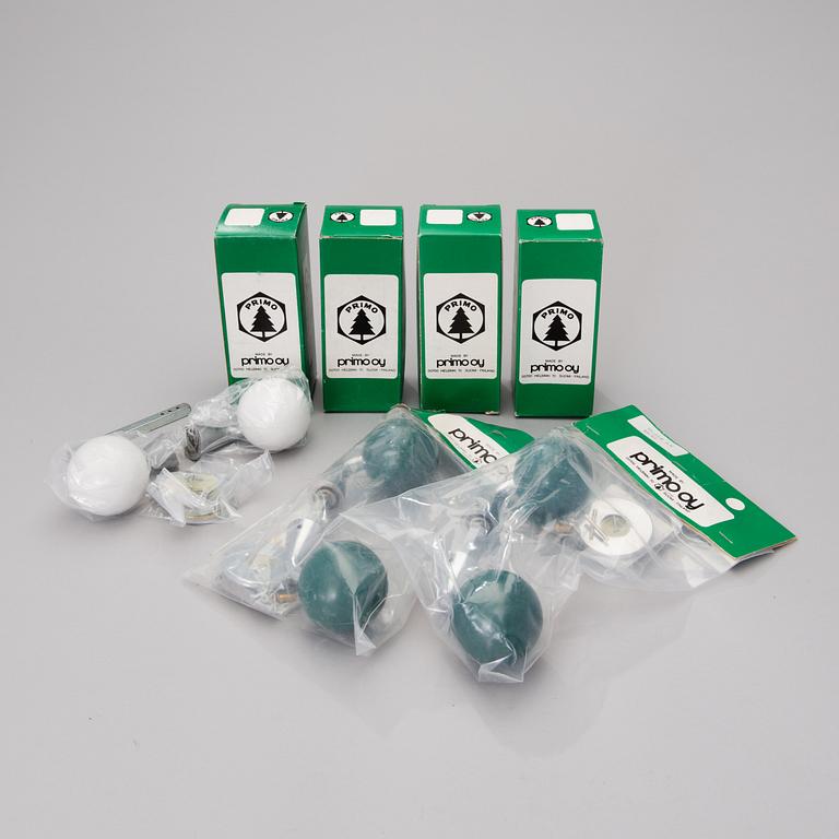 DOOR KNOBS, 6 pairs, manufactured by Primo Oy, Finland, 1960/1970s.