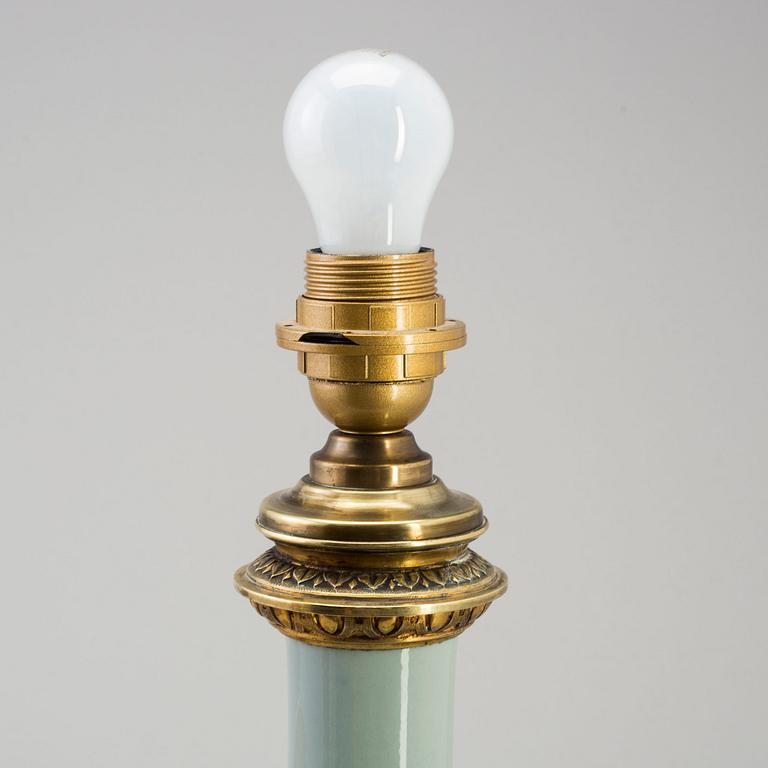 A 20th century celadon Chinese porcelain vase/table lamp, with  european gilt-bronze mount, 19th century.