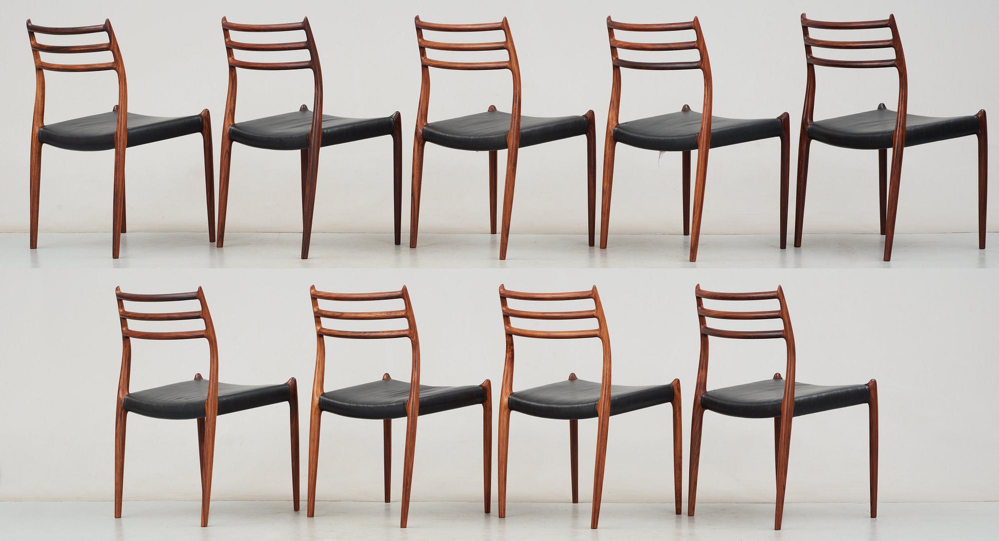 A Niels Ole Møller palisander dining table and nine chairs, J.L. Møller, Denmark 1950's-60's.