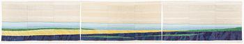 A three-piece woven wall hanging, signed  R. Murikoff and dated -77, c. 150 x 290 cm each.