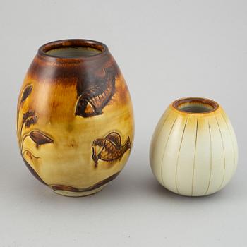 Gertrud Lönegren, two stoneware vases and a plate, Rörstrand, 1936-1941.