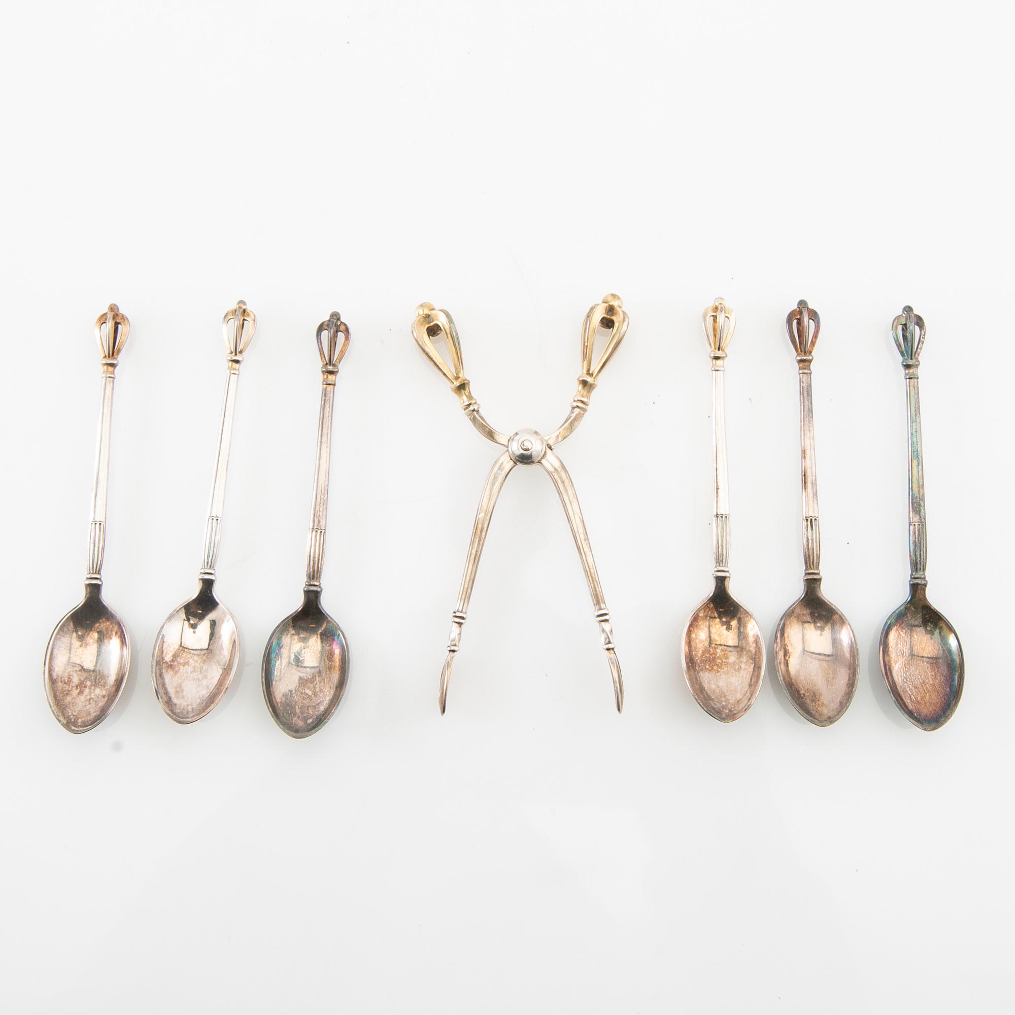 W&S Sorensen spoons 6 pcs and sugar tongs "Crown" sterling silver Denmark mid/second half of the 20th century.