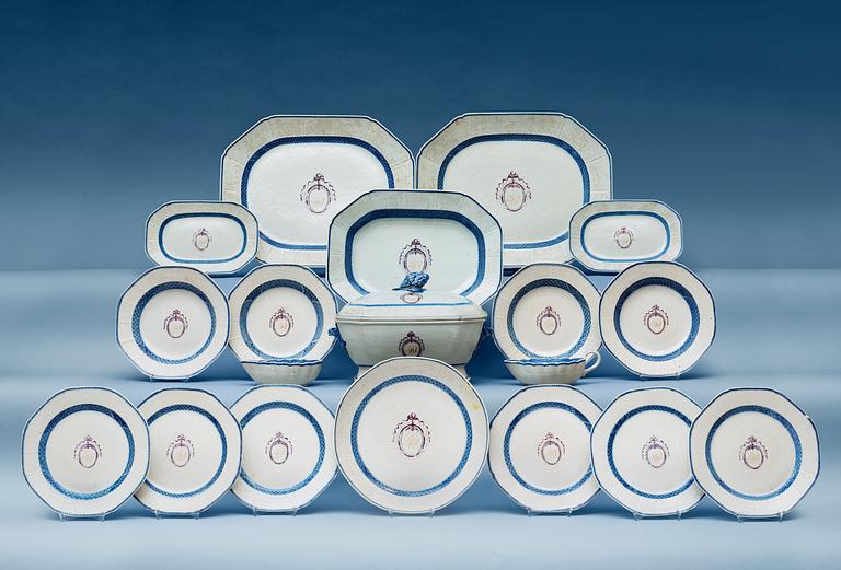 A blue and white monogram service, Qing dynasty, Jiaqing (1796-1820). (55 pieces).