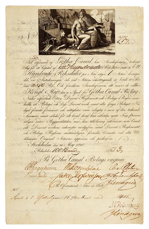 SVENSKA AKTIEBREV 1728-1899, en samling om 1198 aktiebrev samt diverse dokument rörande Göta kanal bolaget såsom regler.