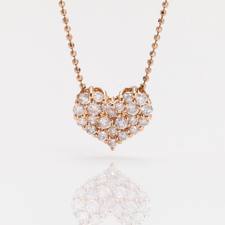 A 14K and 18K rose gold heart pendant necklace with diamonds ca 0.50 ct in total.